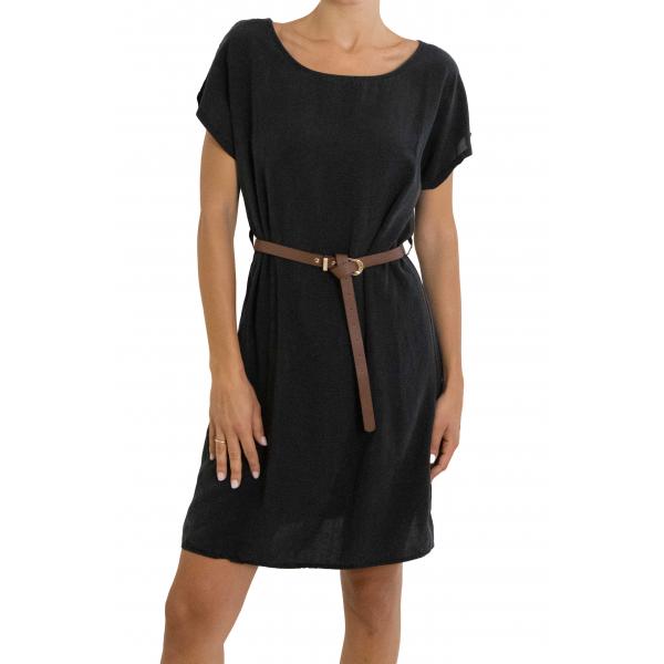 Vestito con cintura tinta unita collo a scatoletta "Moon"